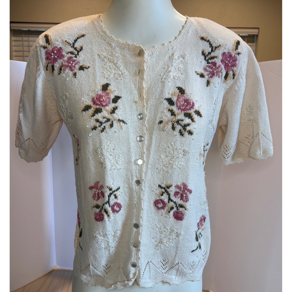 VTG‎ Petite Sophisticate Ivory Floral Short Sleeve Cardigan Size P Cottagecore